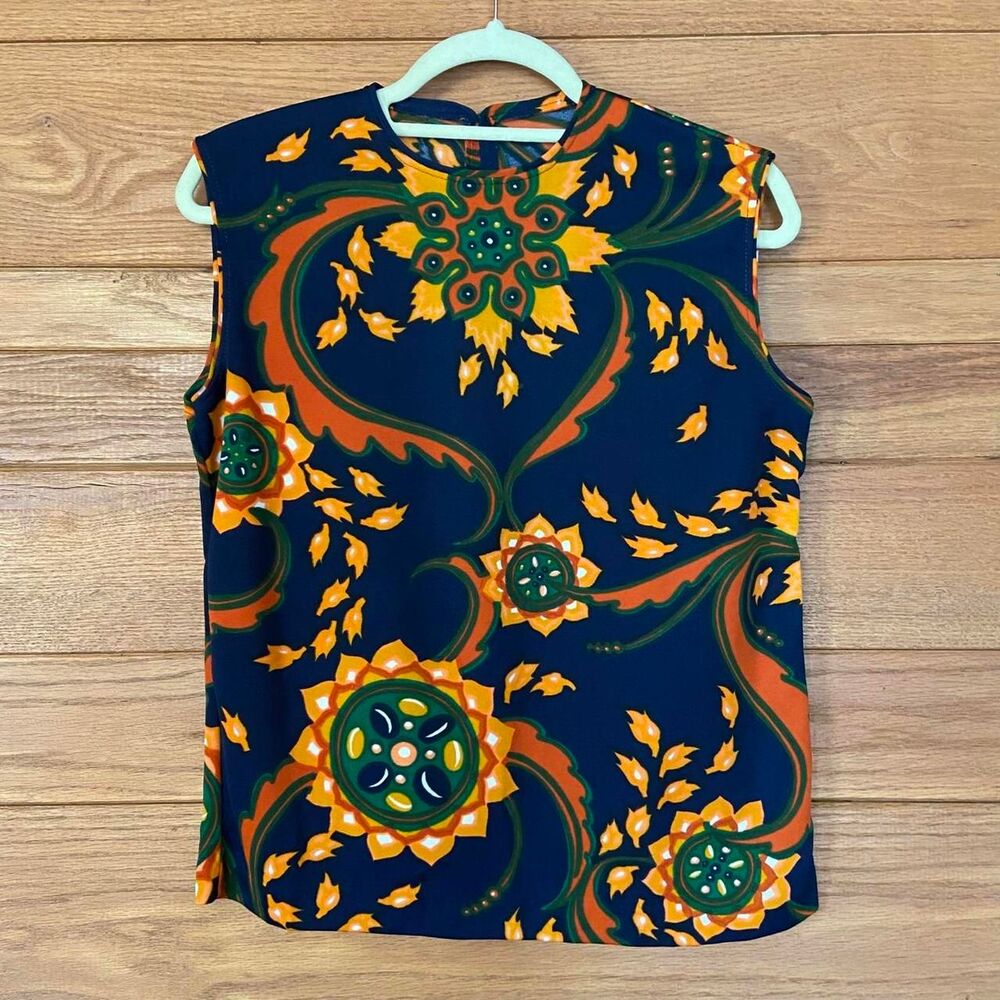 Vintage 70s navy orange floral short sleeve paisley floral handmade shirt